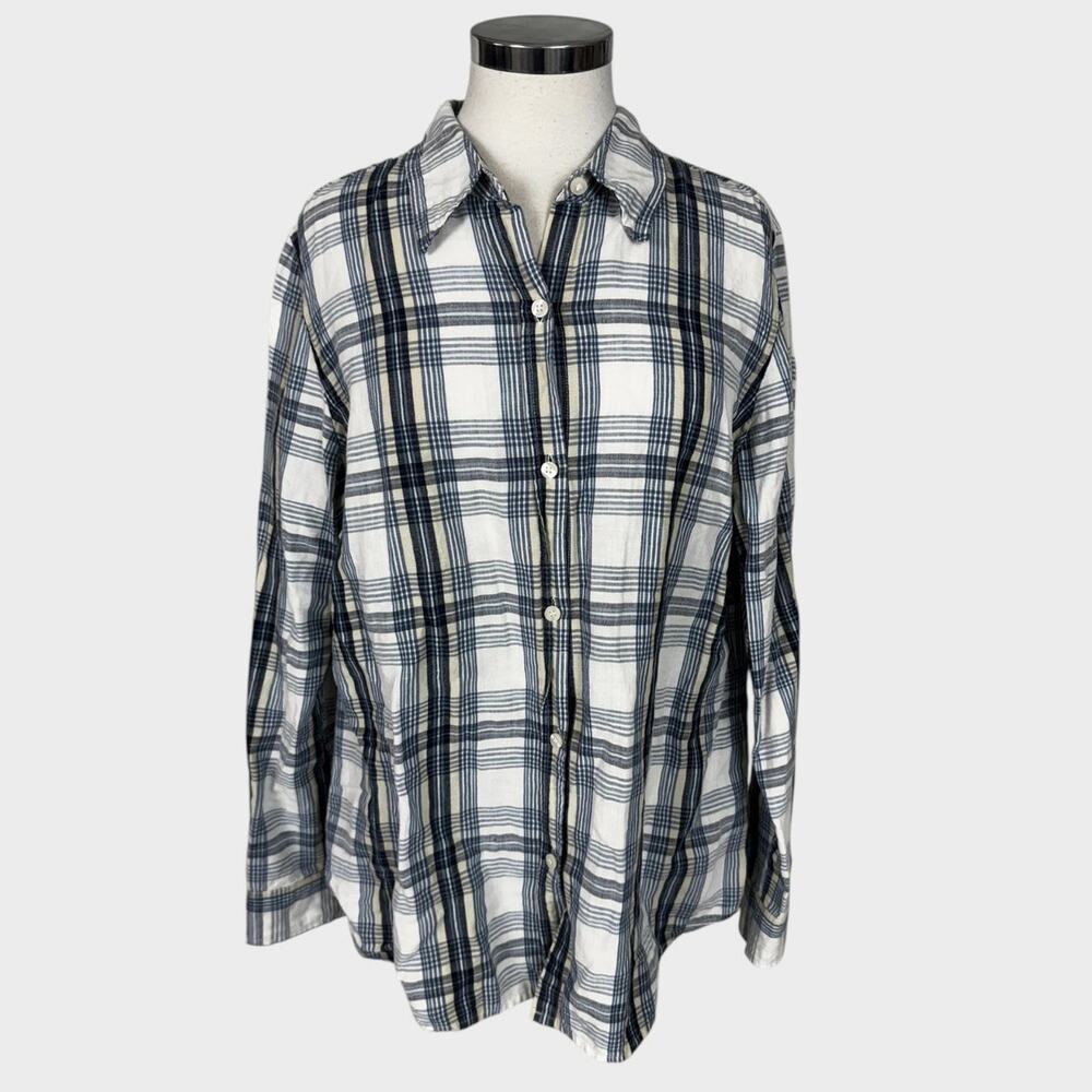 Liz & Co. Womens XL White Blue Plaid Button Front Shirt Linen Cotton Blend